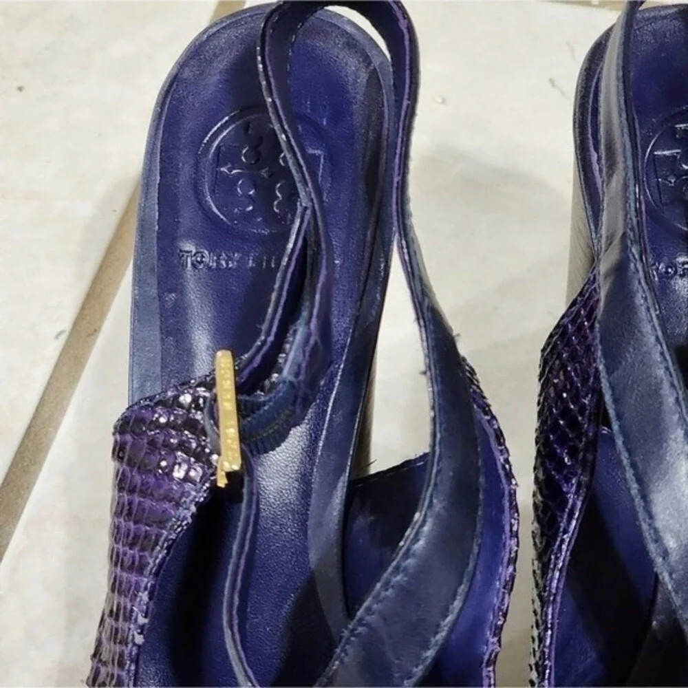 Tory Burch Purple‎ Snakeskin Leather Slingback Platform Block Heel Sandals